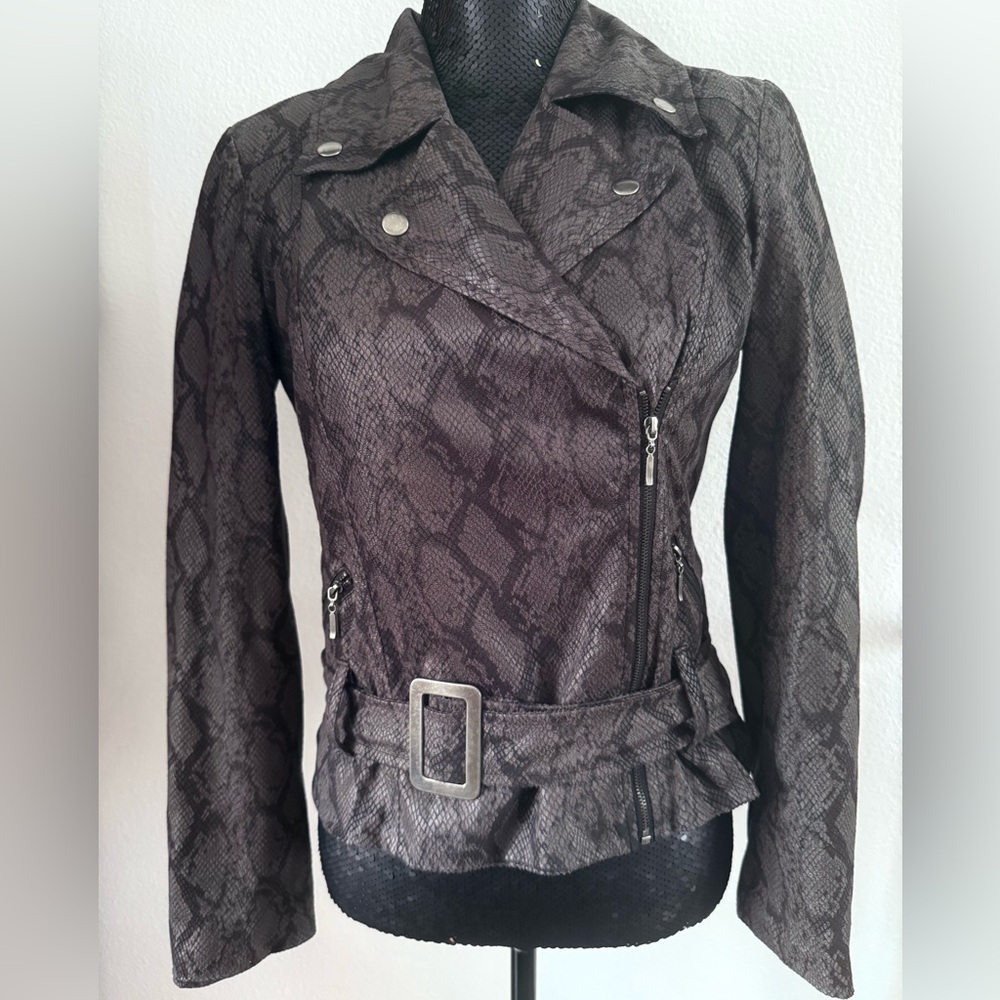 New Directions faux sueded Snake-Print Belted Moto Jacket Size Small